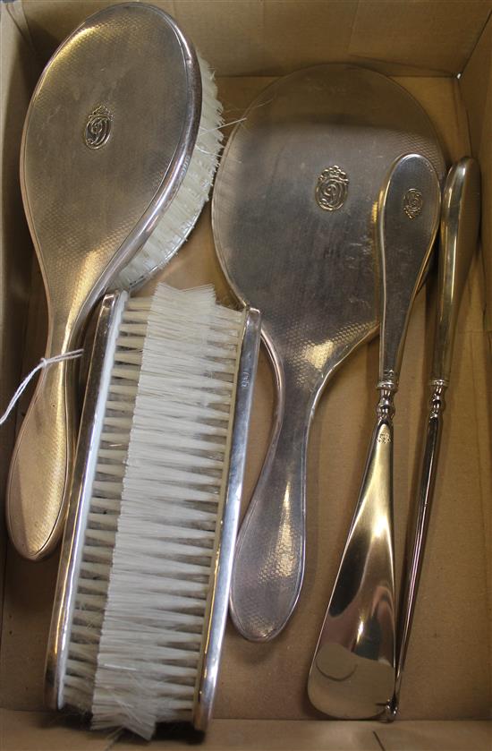 Silver-mounted 7-pce dressing table set, initialled & engine-turned, C & R Comyns, London 1918 & later